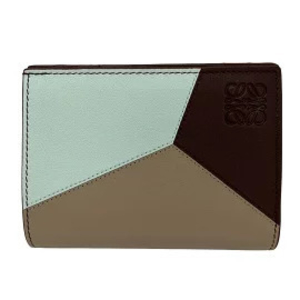 Loewe Puzzle Compact Wallet Bi fold Brown x Blue Dark Leather